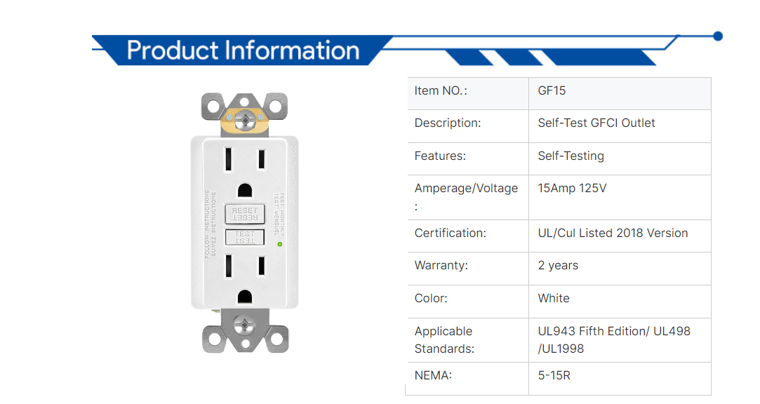 GF 15amp 125v American US standard duplex Self Testing Popular Gfci Receptacle